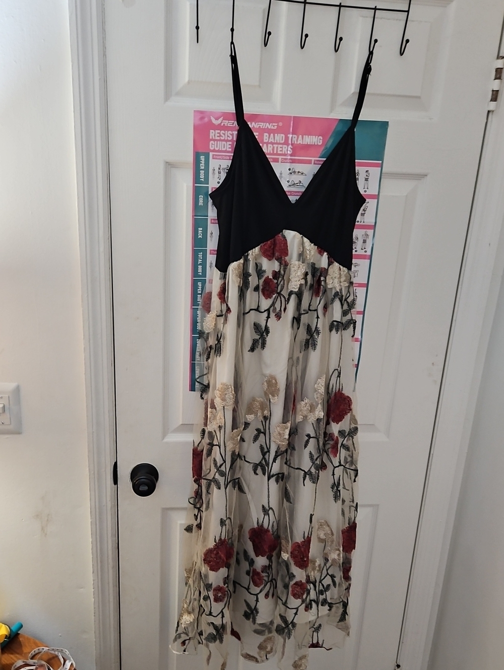 SHEIN Black Top Cream Maxi Dress with Red Floral Embroidery
